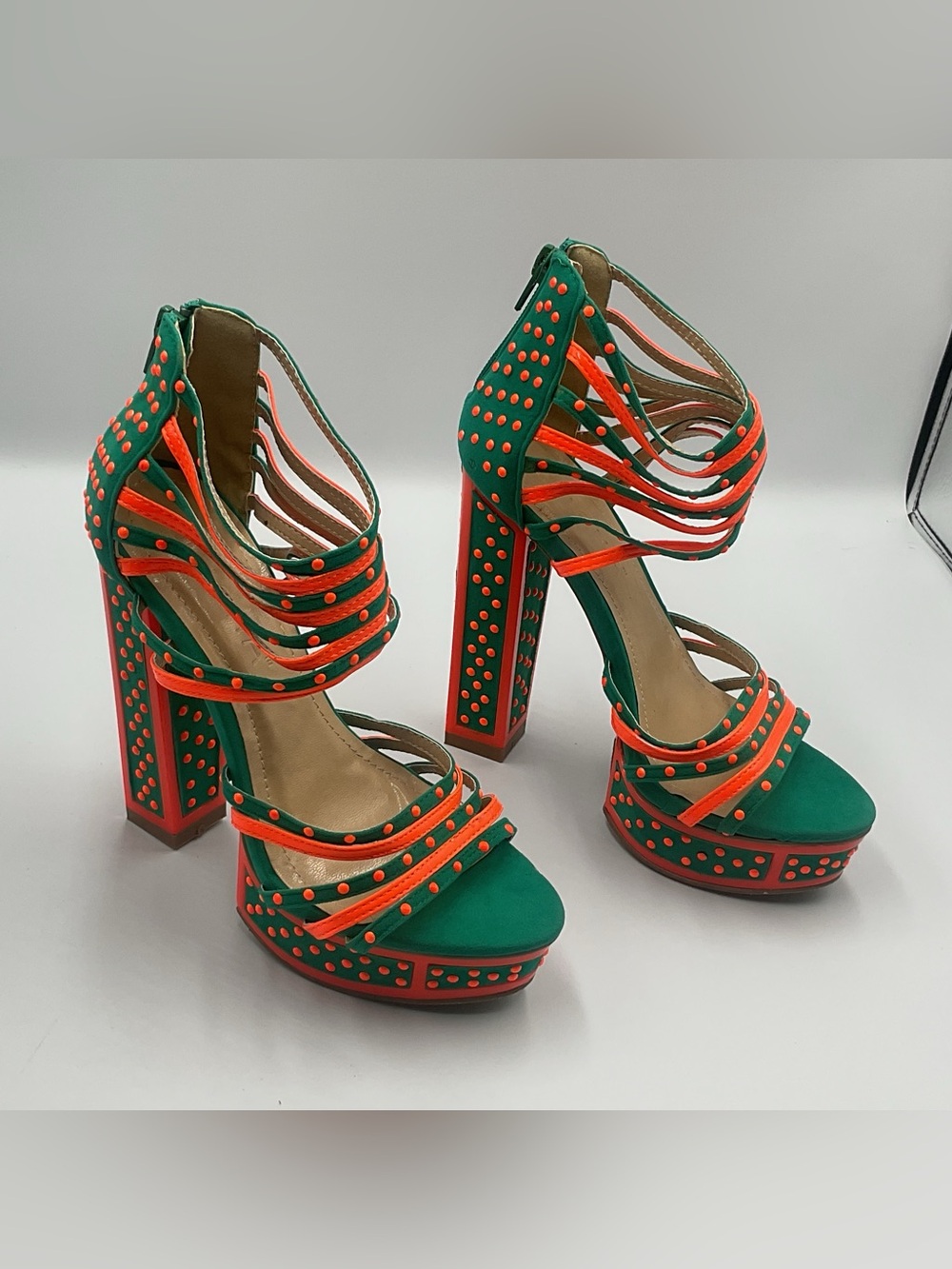 Chunky y2k Heel Platform Strappy Sandals Teal Green Orange Funky 6 Maximalist